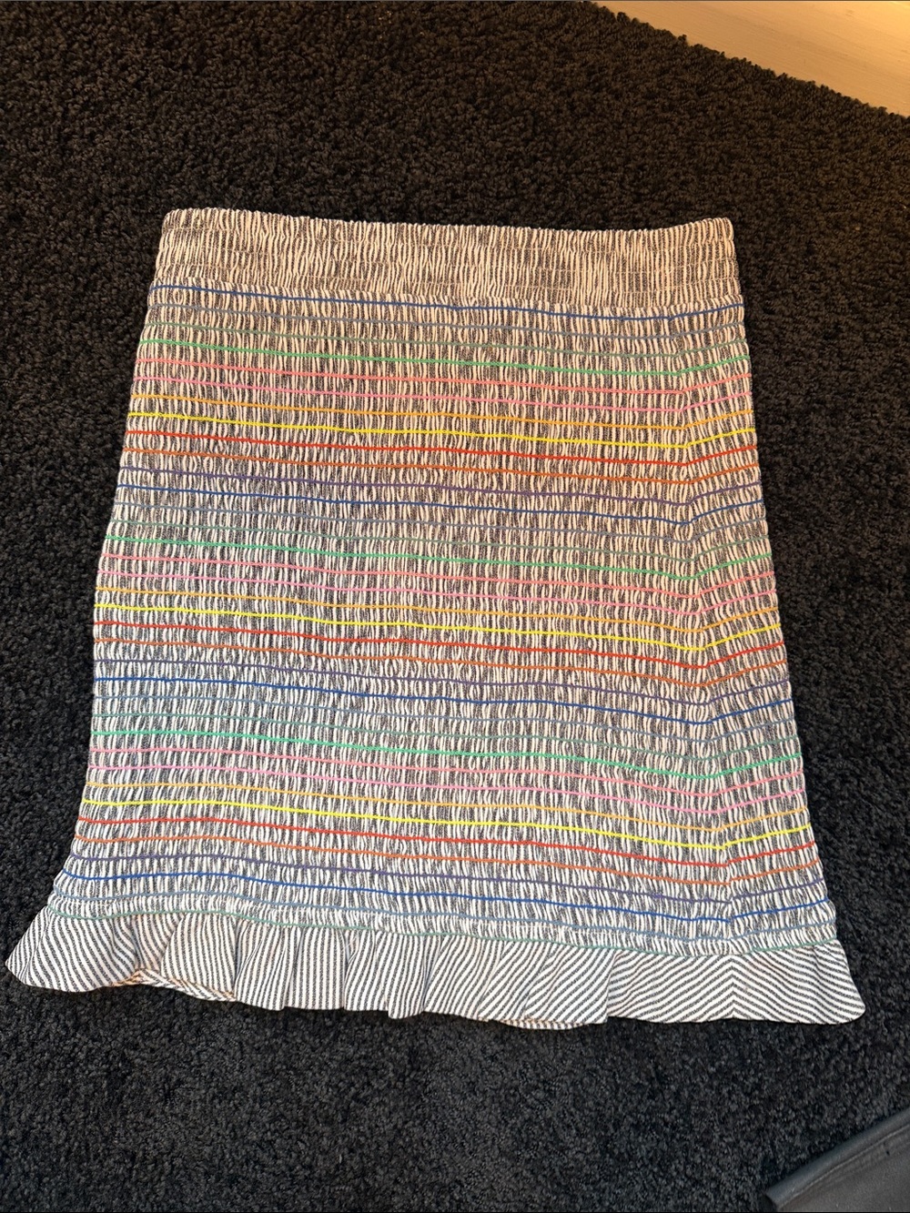 Storia White Multicolor Smocked Midi Skirt with Ruffle Hem